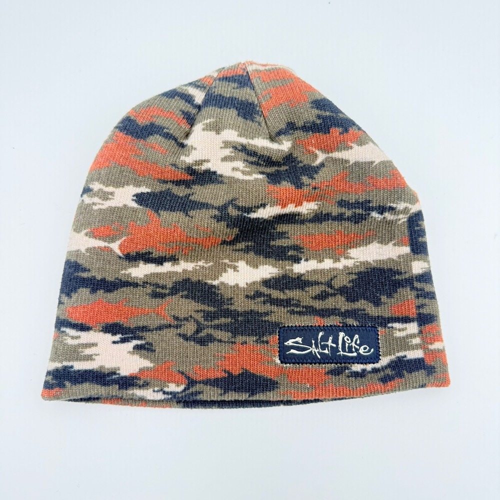 Salt Life Kids Youth Beanie Hat Camo Fish Pattern Knit Skull Cap Orange Green